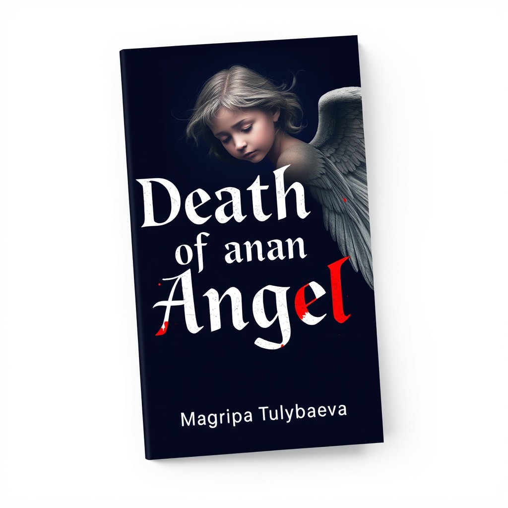 A book cover design featuring a dark blue background, showcasing a sorrowful angel with broken wings, embodying themes of loss and anguish