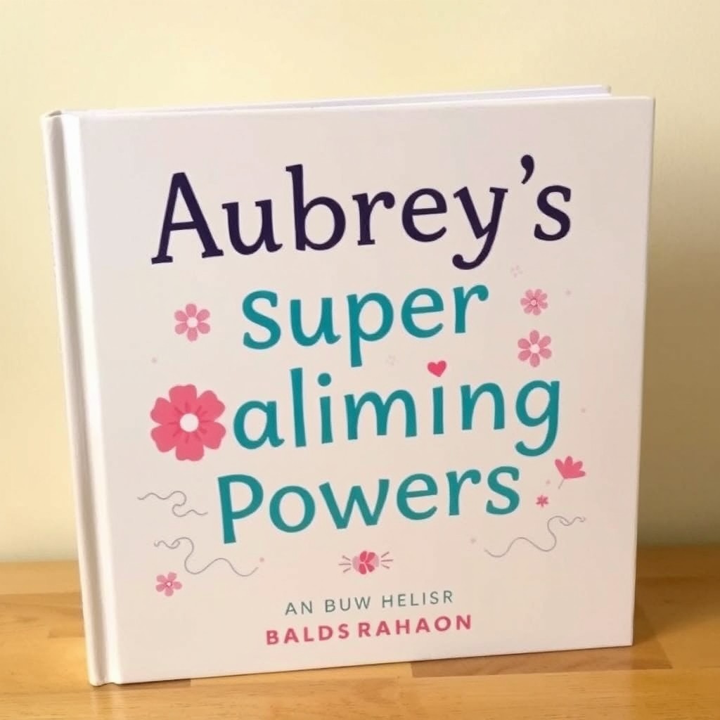 The book cover prominently displays the title 'Aubrey's Super Calming Powers' in an eye-catching and playful font