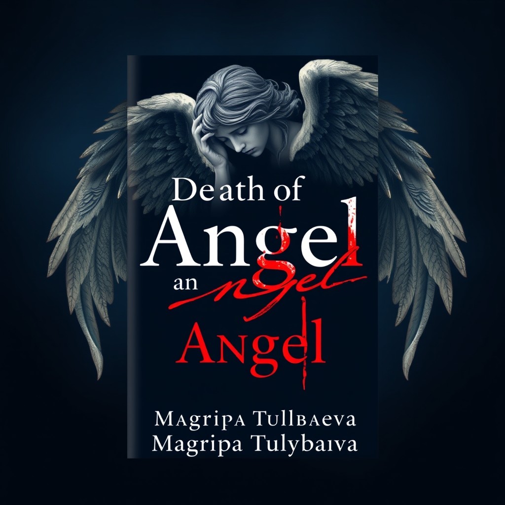 A book cover design featuring a deep dark blue background, showcasing a sorrowful angel with broken wings, embodying themes of loss and sorrow