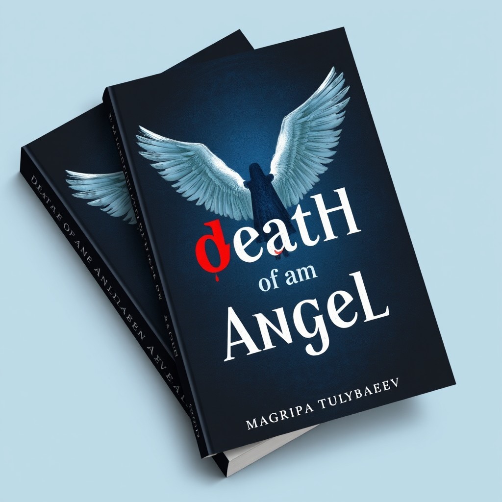 A book cover design with a dark blue background featuring an angel with broken wings