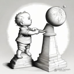 An adorable toddler given the semblance of Archimedes, pushing down a lever labeled 'knowledge' with Planet Earth rising on its lifted side. The fulcrum, situated at the center-bottom of the lever, represents the spirit of the children.