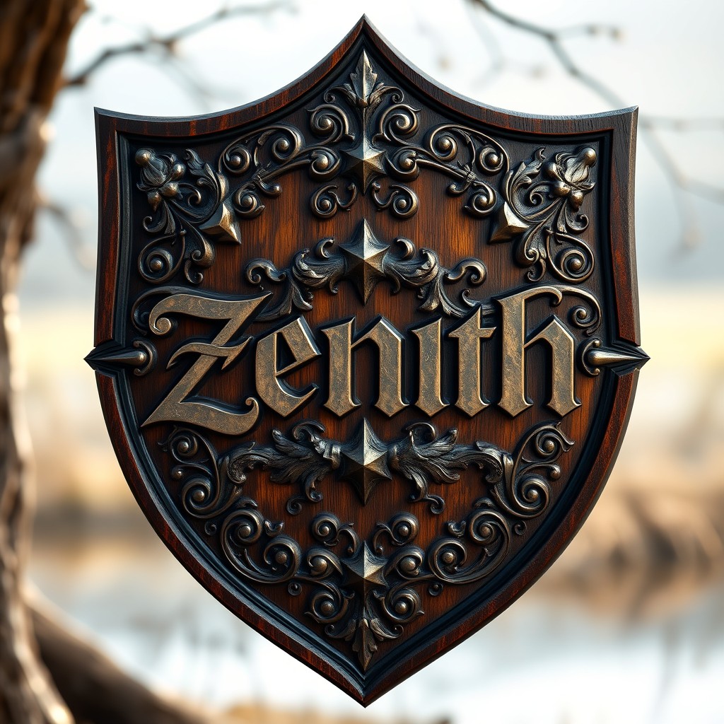 A beautifully crafted shield featuring intricate carvings of the word 'Zenith' in old English letters, surrounded by ornate designs and patterns