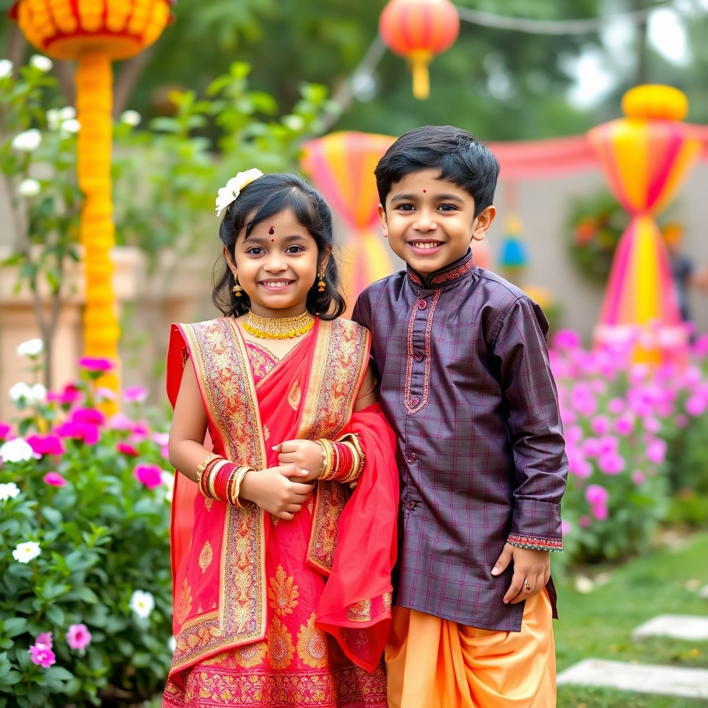 A beautiful young boy and girl of South Asian descent, dressed in vibrant traditional Indian clothing, enjoying a joyful moment together outdoors