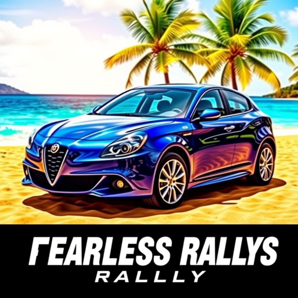 A stunning blue Alfa Romeo Giulietta, showcasing its sleek lines and sporty design parked on a tropical beach, surrounded by vibrant Hawaiian scenery