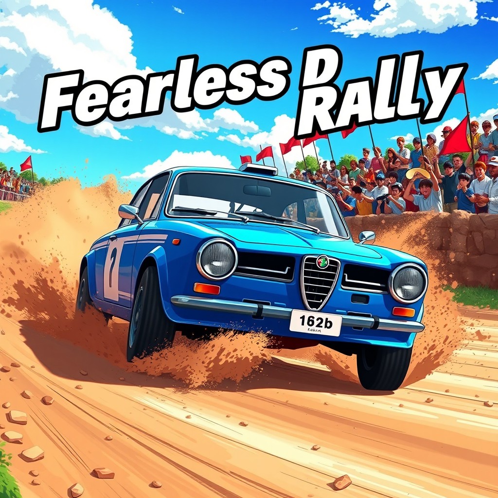 A vibrant anime action scene featuring a bright blue Alfa Romeo Giulietta rally car speeding through a dirt rally track