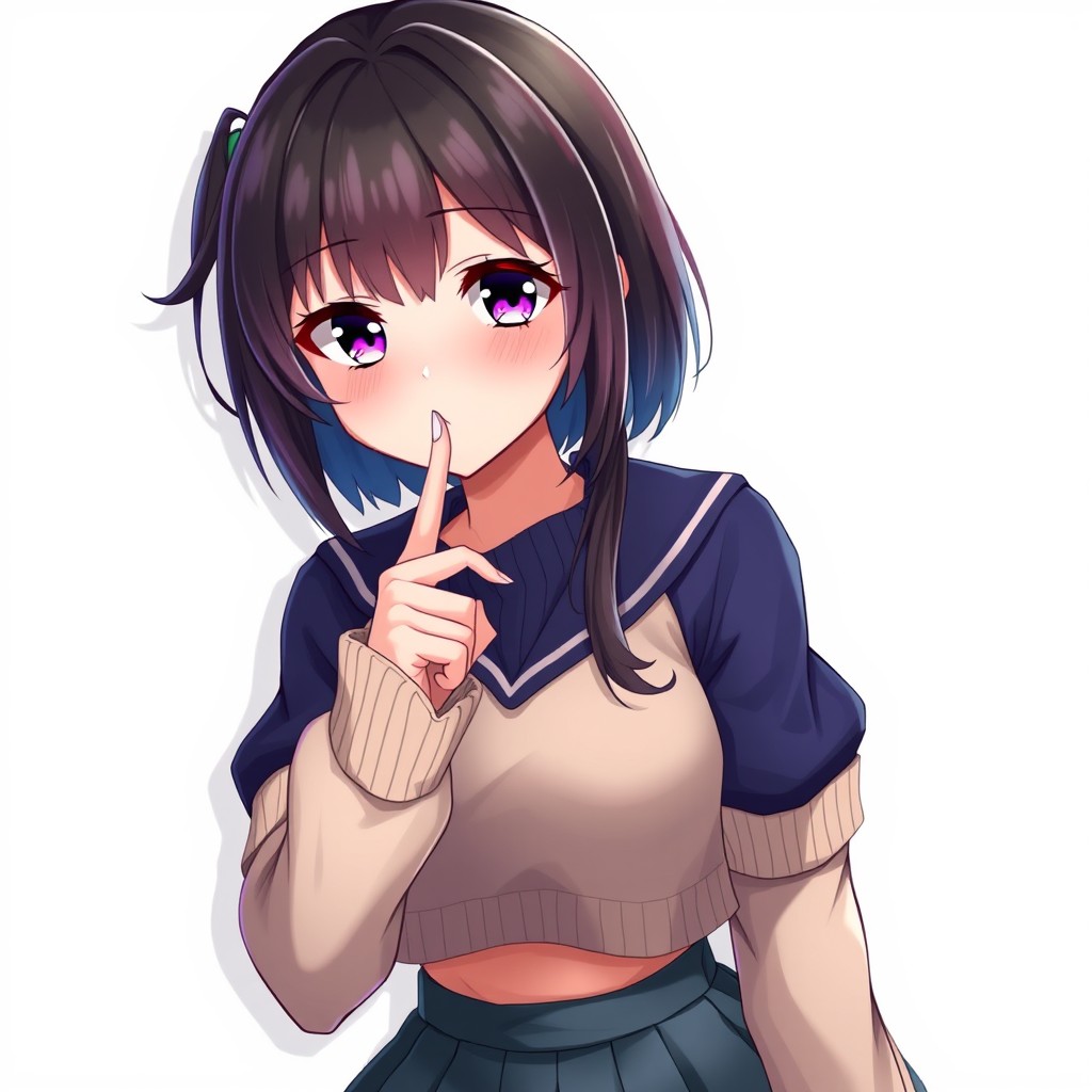 An anime girl wearing a trendy school uniform, featuring a cropped sweater and a short skirt, with a mysterious expression