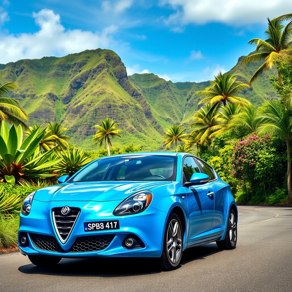 A striking image titled "Fearless Rally" featuring a vibrant blue Alfa Romeo Giulietta prominently displayed against a stunning Hawaiian backdrop