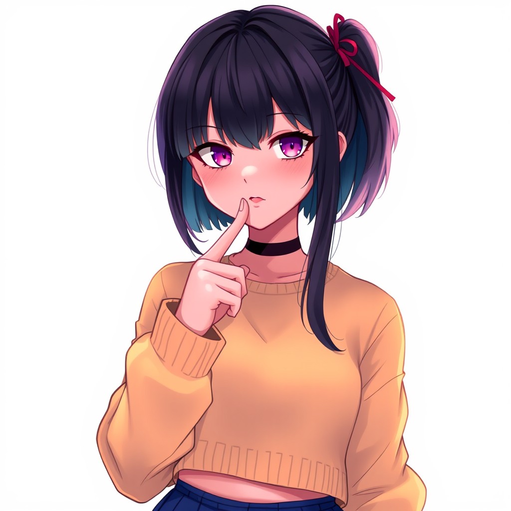 A modern schoolgirl wearing a cropped sweater and a short skirt, featuring a mysterious expression with her index finger resting on the tip of her lips