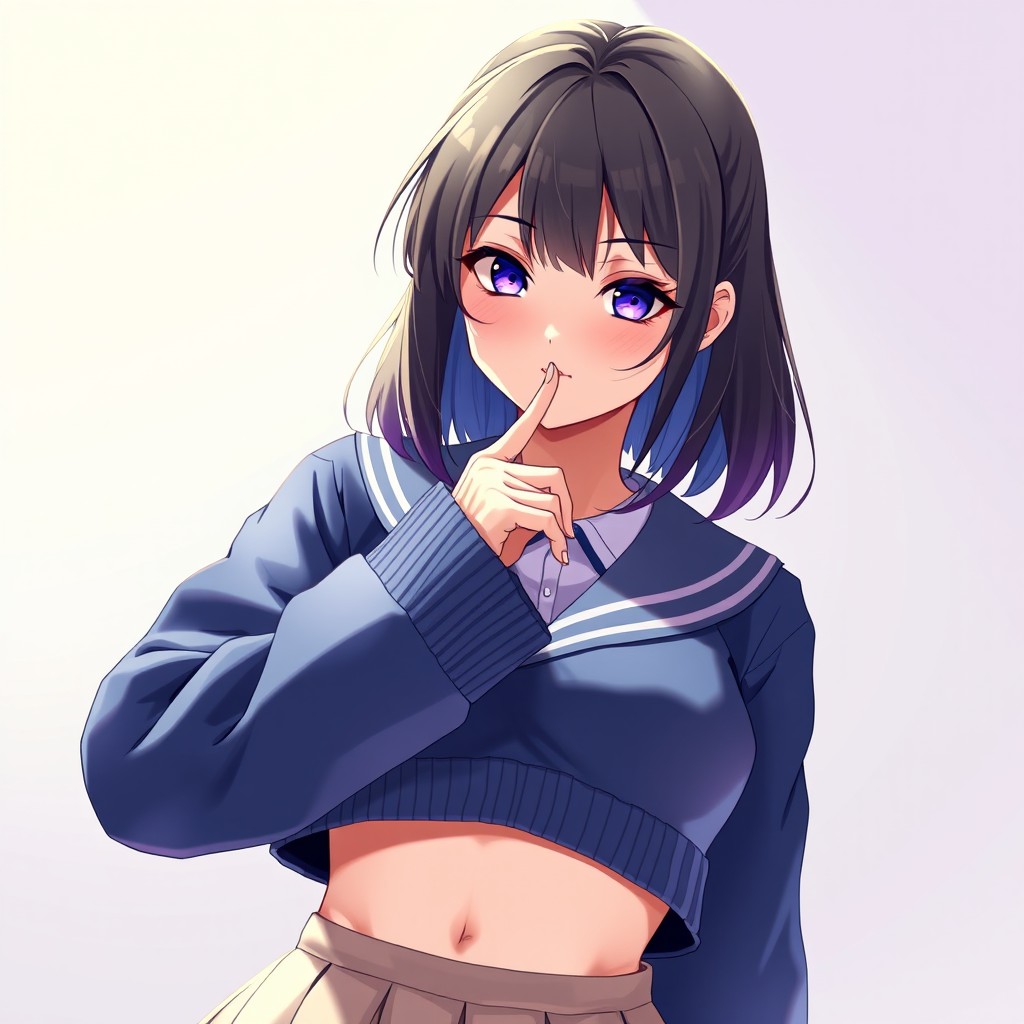 A realistic girl wearing a trendy school uniform, featuring a cropped sweater with a short skirt