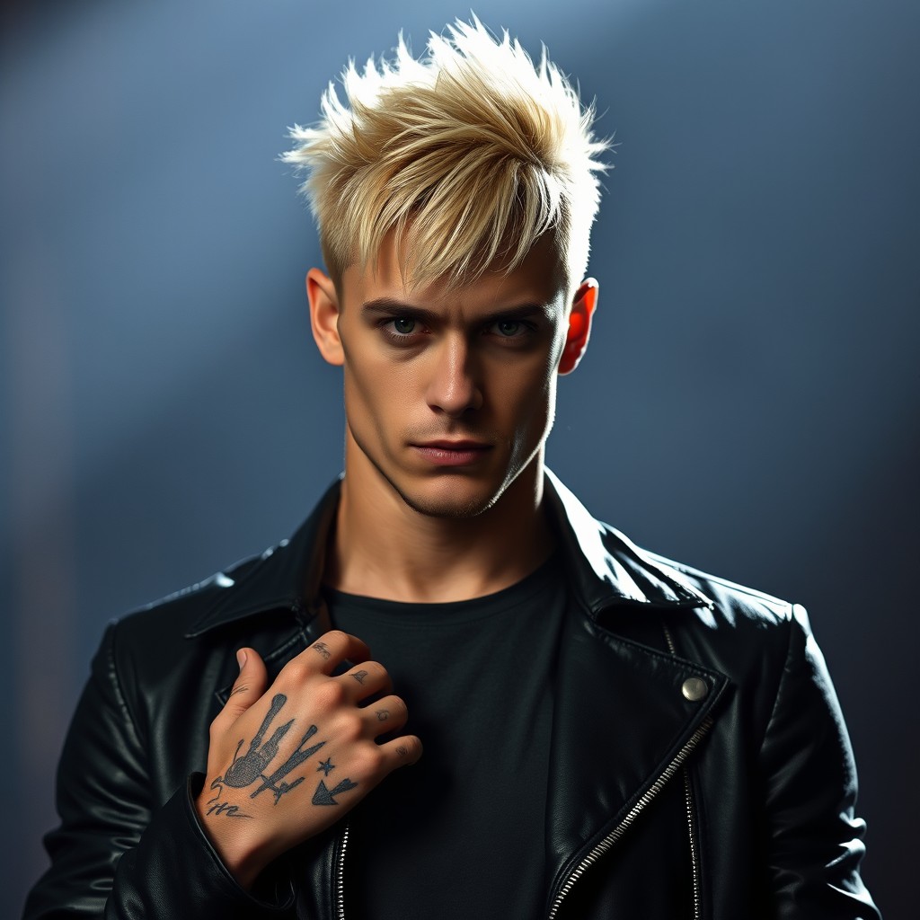 A realistic tall man with striking blond hair and visible tattoos on his hands, standing confidently