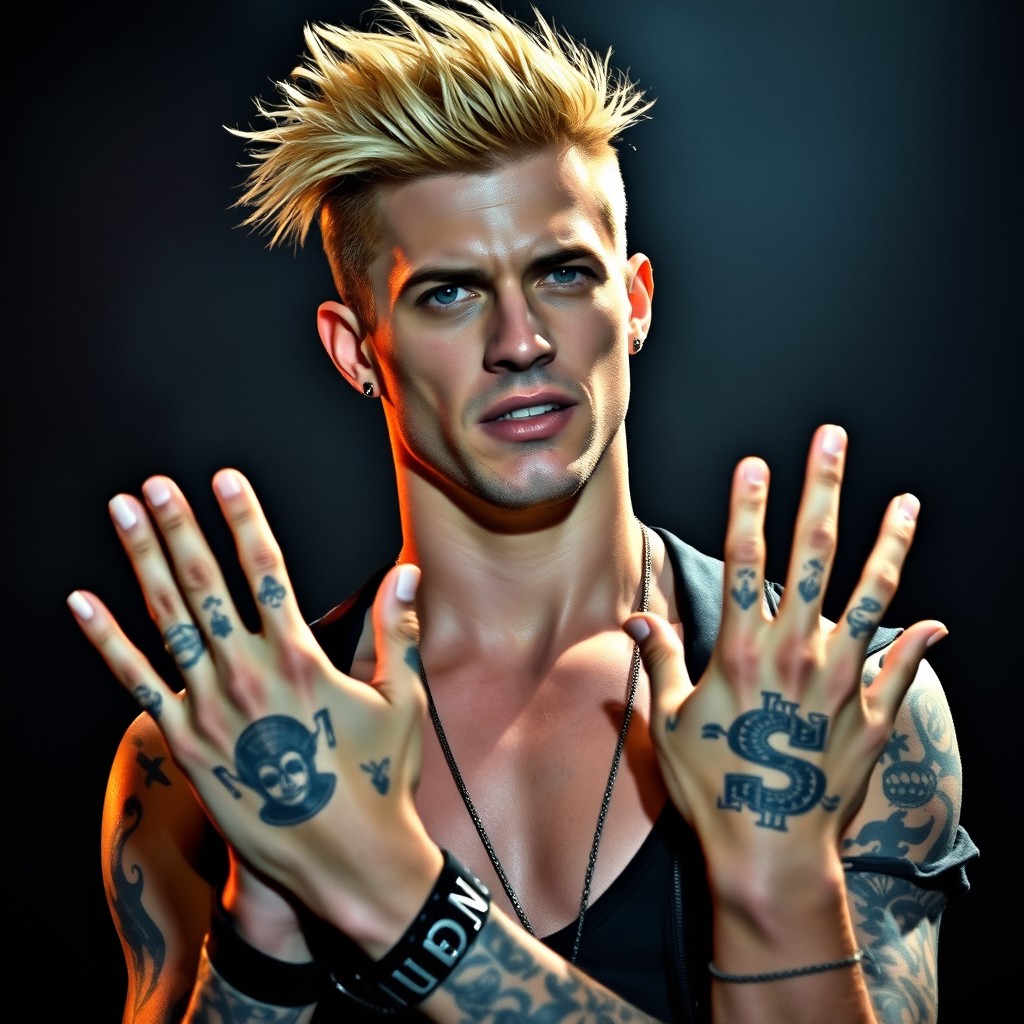 A realistic tall man with blond hair styled in an edgy fashion, showcasing tattoos on his hands