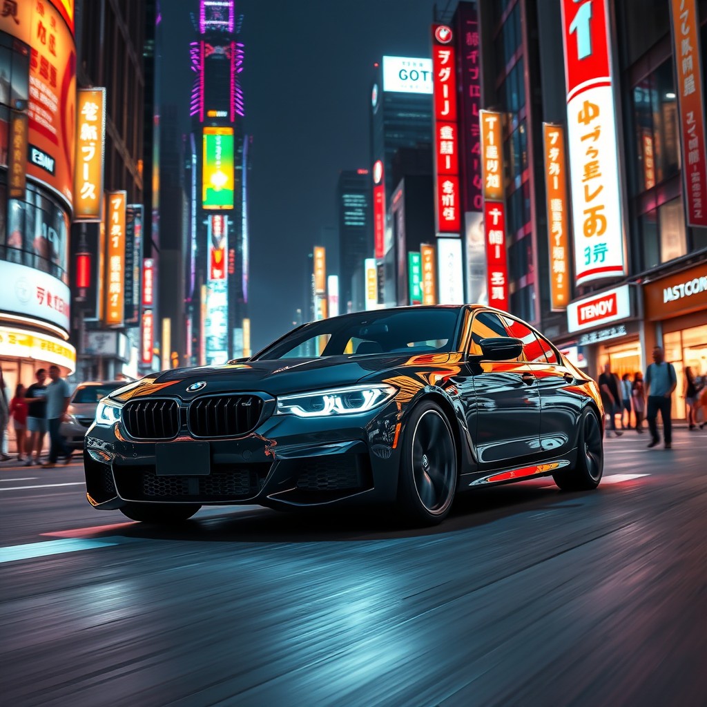 A sleek black BMW car with xenon headlights, cruising through a futuristic Tokyo street filled with neon lights and advanced technology