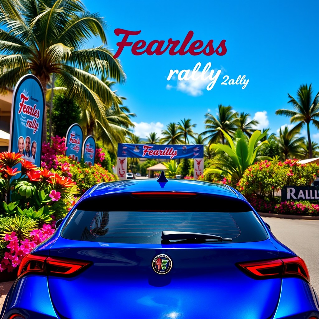 A stunning view of a royal blue Alfa Romeo Giulietta parked in a vibrant Hawaiian rally setting