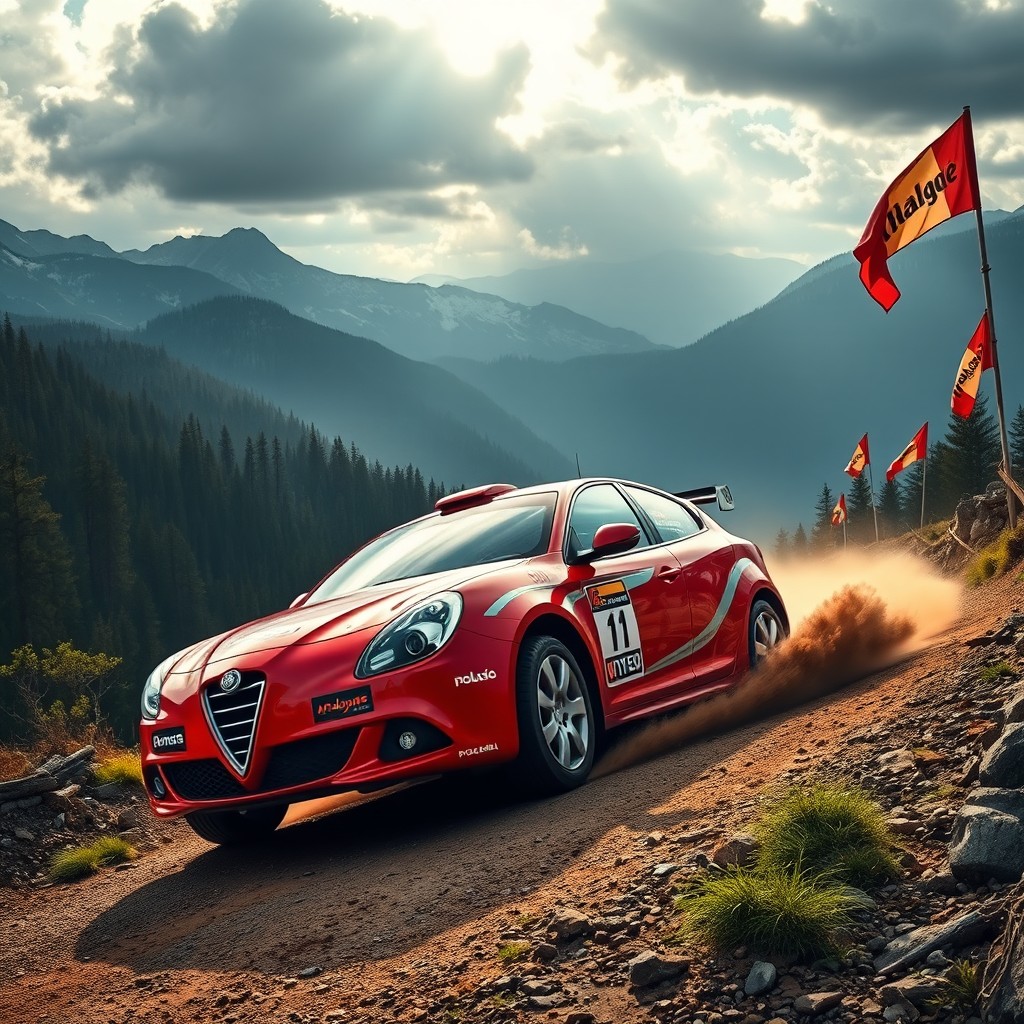 An Alfa Romeo Giulietta racing fiercely on a rugged rally course surrounded by a dramatic landscape of mountains and forests