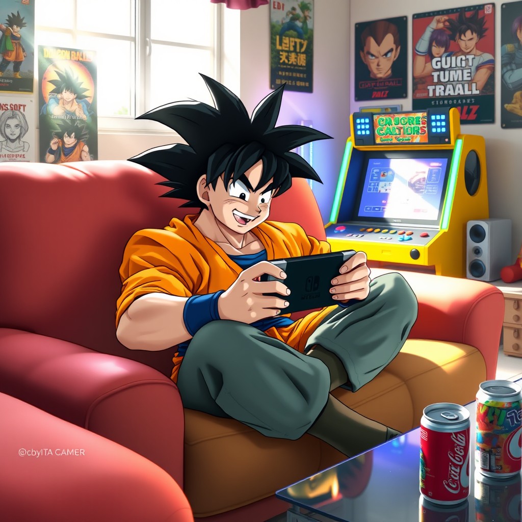 Goku, the iconic character from Dragon Ball Z, sitting comfortably on a vibrant couch, intensely focused on playing with a Nintendo Switch