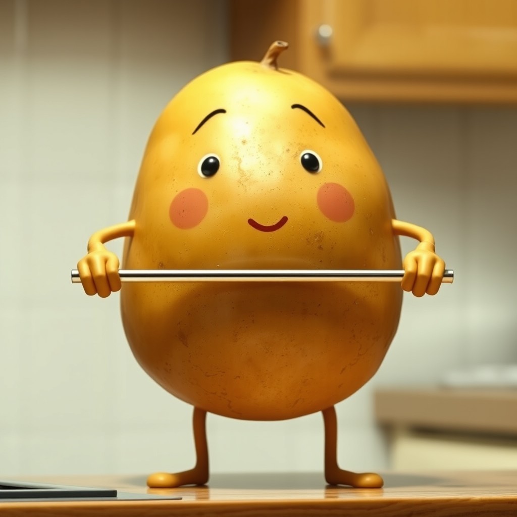 A realistic potato character with a smooth, textured skin, featuring two arms and two legs, positioned upright