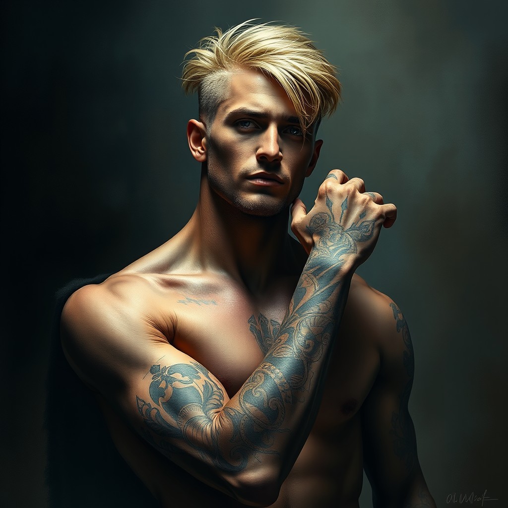 A realistic portrayal of a tall man with striking blond hair and intricate tattoos adorning his hands