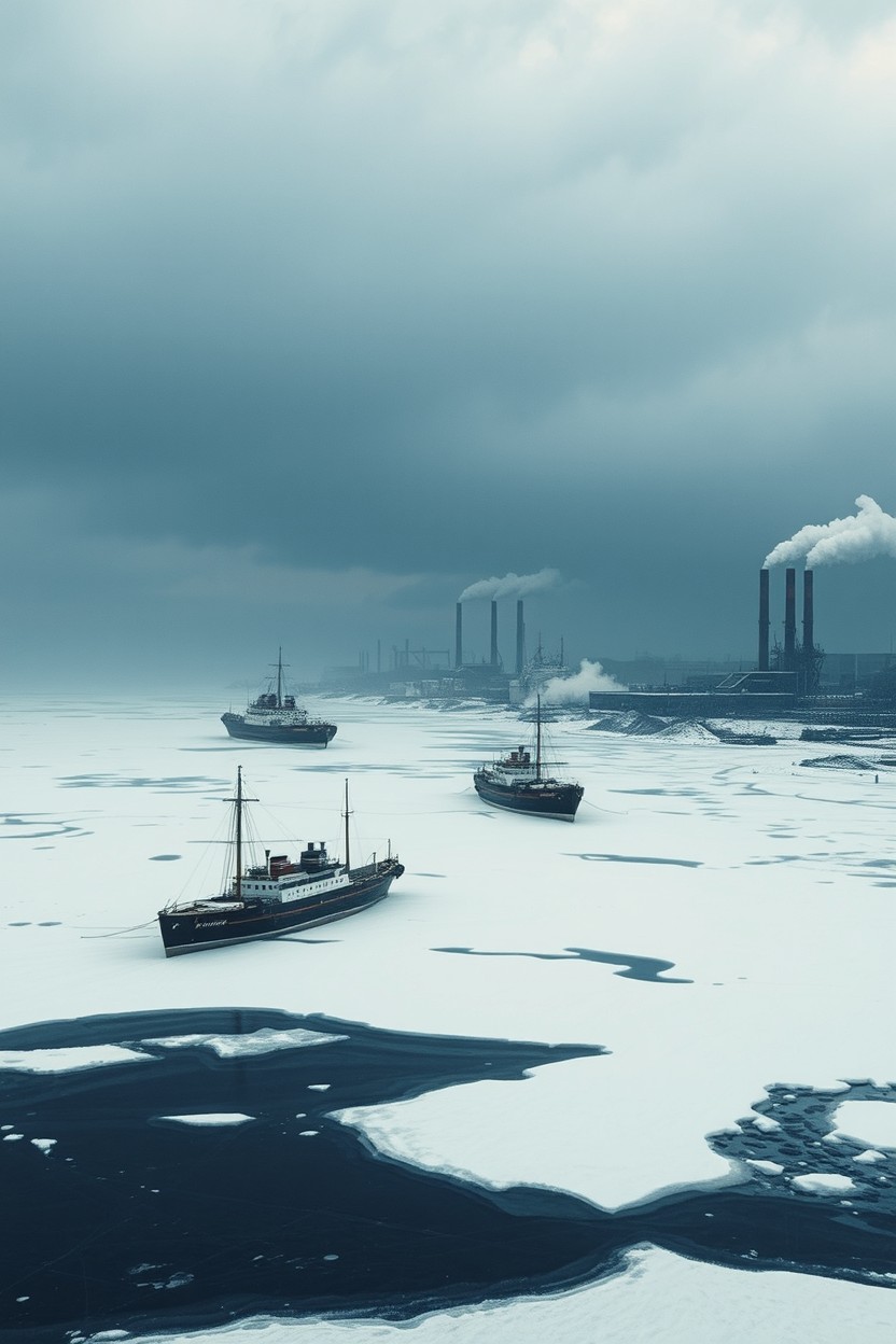 Frozen Neva River with ships embedded in the ice, surrounded by a backdrop of smoking factories, capturing a stark post-apocalyptic reality