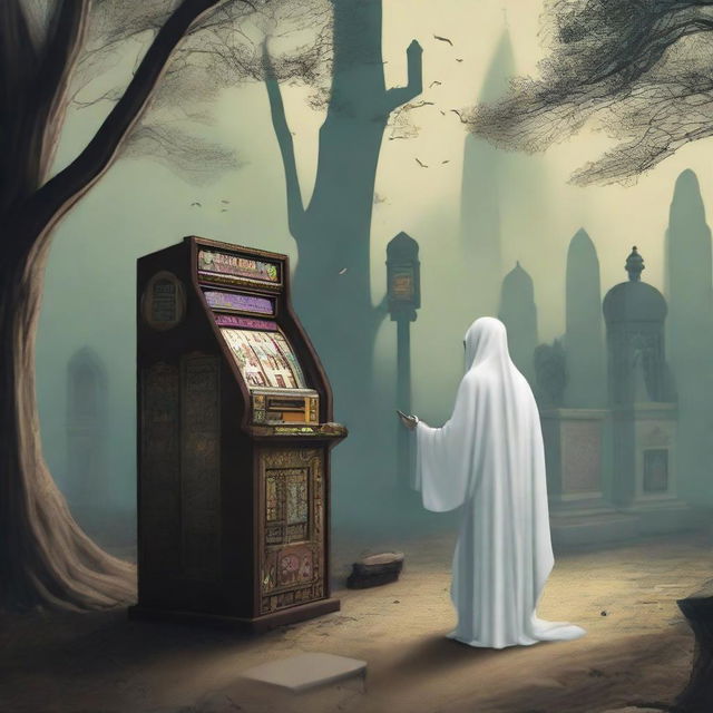 A Kuntilanak (ghostly figure) is playing a slot machine in a graveyard, in the company of a Hajj pilgrim, located in the midst of a haunting forest.