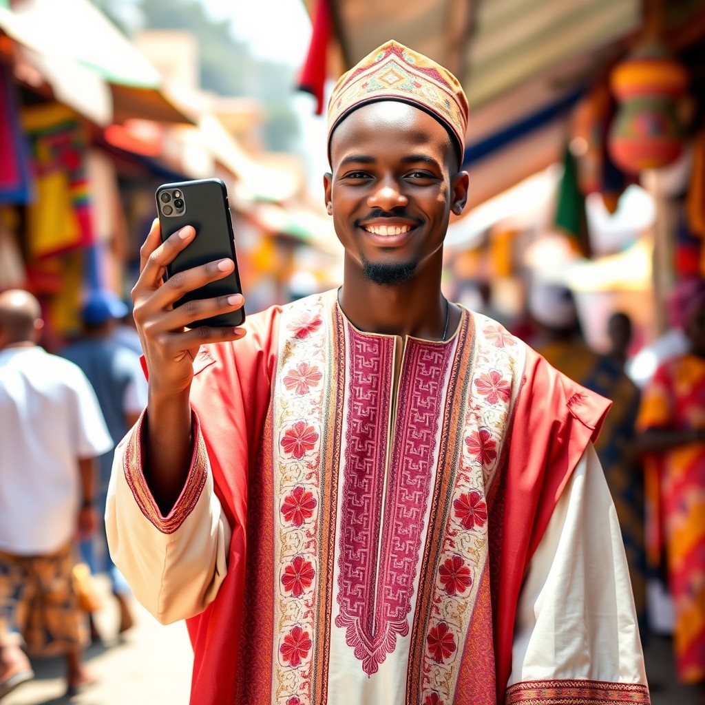 A young African Muslim man standing confidently, holding a smartphone in one hand