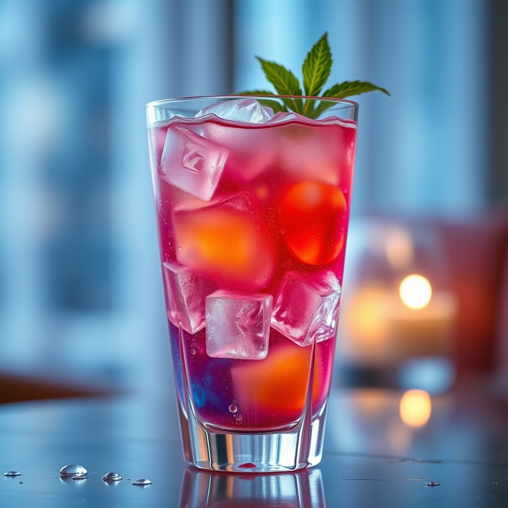 A beautifully designed, modern chill glass filled with a vibrant, refreshing drink