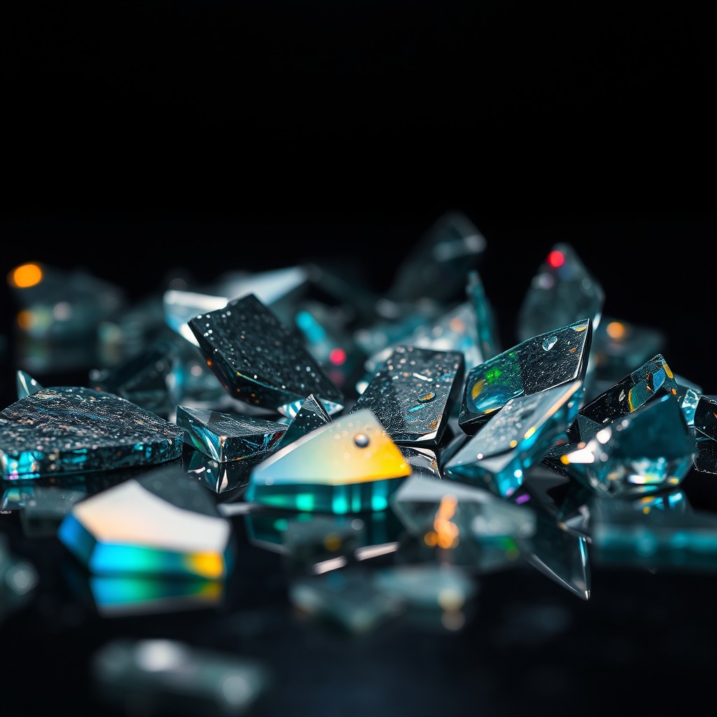 A close-up view of shattered glass shards artistically arranged on a reflective surface