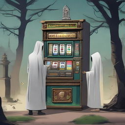 A Kuntilanak (ghostly figure) is playing a slot machine in a graveyard, in the company of a Hajj pilgrim, located in the midst of a haunting forest.