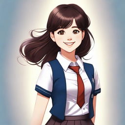 A high-quality digital art image portrays a brunette girl in a schoolgirl uniform, radiating happiness with a cute smile