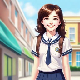 A high-quality digital art image portrays a brunette girl in a schoolgirl uniform, radiating happiness with a cute smile