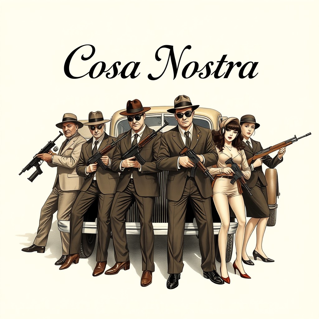 A realistic drawing of mafia members (white men and women, blonde and brunette women, black and Asian characters) posing with old submachine guns near a classic 1930s car