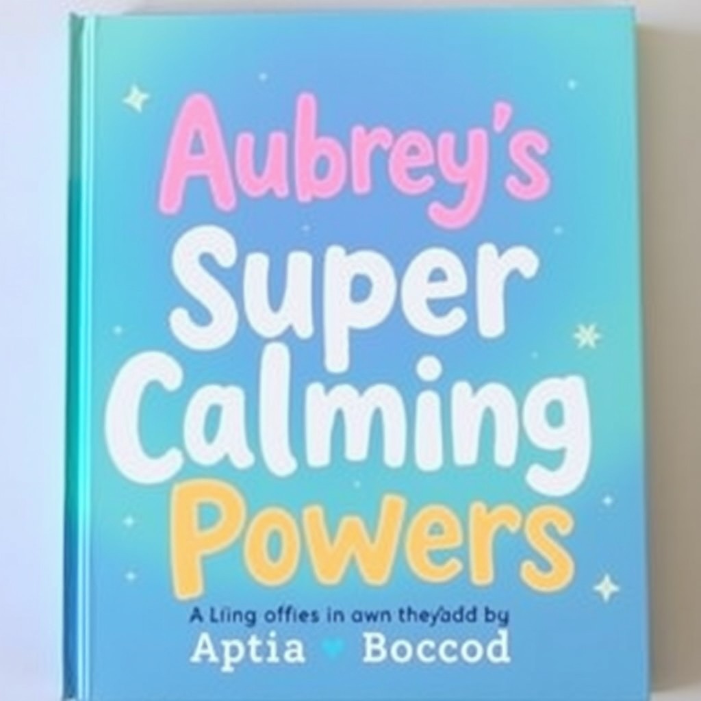The book cover features the title 'Aubrey's Super Calming Powers' in large, playful fonts with a calming gradient color scheme of soft blues and greens