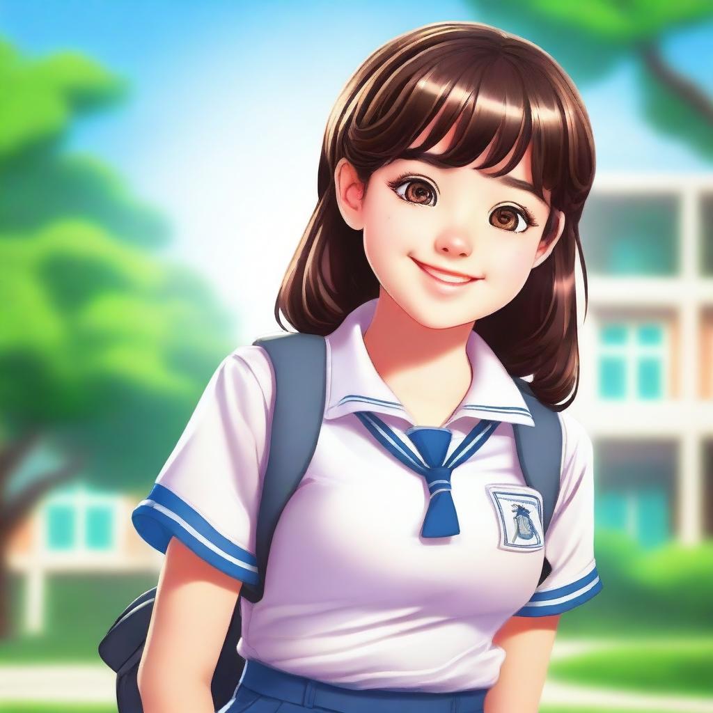 A high-quality digital art image portrays a brunette girl in a schoolgirl uniform, radiating happiness with a cute smile