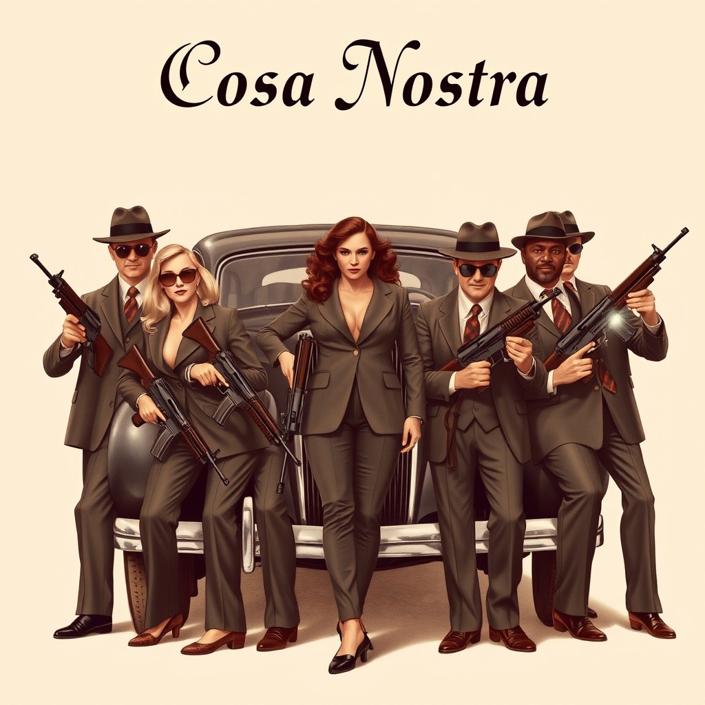 A realistic drawing of mafia members (Caucasian men and women, including blonde and brunette women, Black and Asian individuals), posing with vintage submachine guns near a classic 1930s car