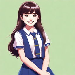 A high-quality digital art image portrays a brunette girl in a schoolgirl uniform, radiating happiness with a cute smile