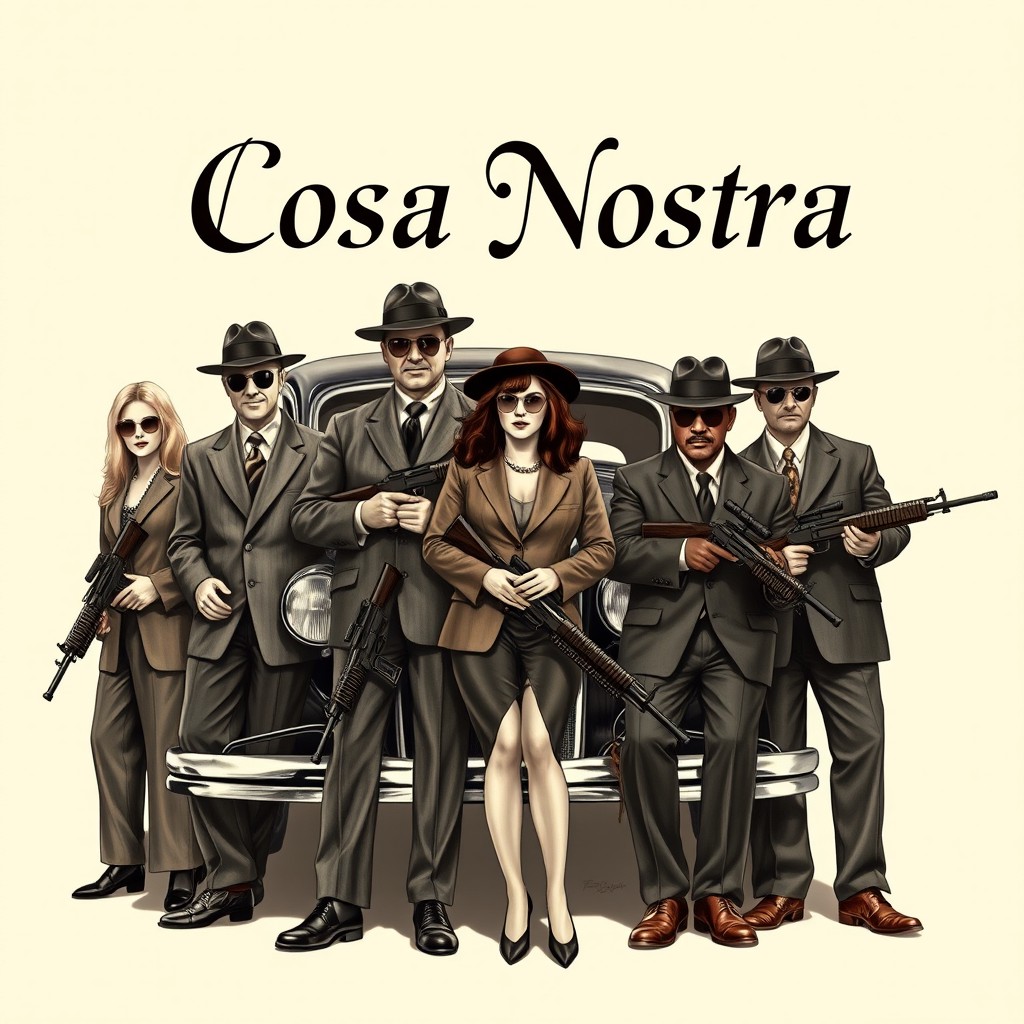 A realistic drawing of mafia members, including white men and women (blondes and brunettes), black and Asian individuals
