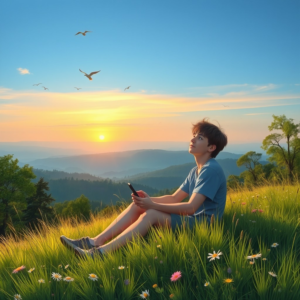 A serene and peaceful landscape depicting a person enjoying a day without their mobile phone, sitting on a grassy hill under a clear blue sky