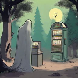 A Kuntilanak (ghostly figure) is playing a slot machine in a graveyard, in the company of a Hajj pilgrim, located in the midst of a haunting forest.