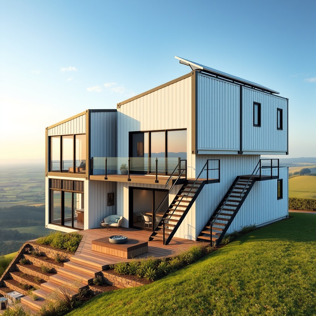 Front elevation of a contemporary hilltop house constructed from three modified shipping containers, arranged at sharp angles to create a unique sculptural form