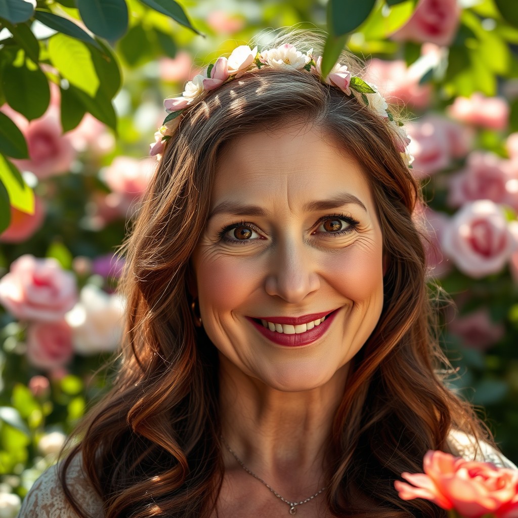 A hyper-realistic portrait of a middle-aged woman with deep brown eyes and expressive features, smiling warmly