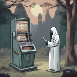 A Kuntilanak (ghostly figure) is playing a slot machine in a graveyard, in the company of a Hajj pilgrim, located in the midst of a haunting forest.