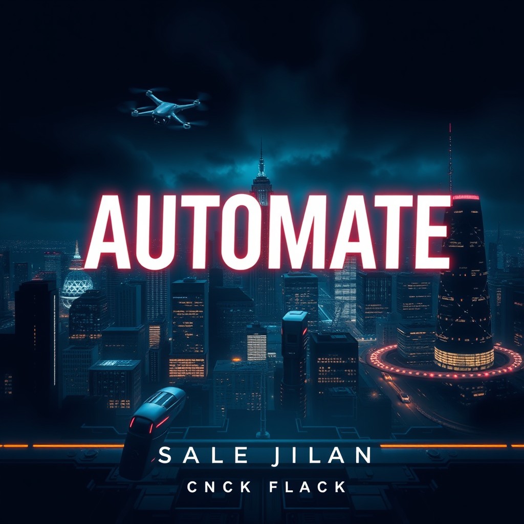 A captivating book cover in dark tones, featuring a futuristic automatic theme