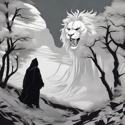 A masked man, shrouded in a black hooded robe with silver lion stripes, roaring vociferously amidst the wilderness.