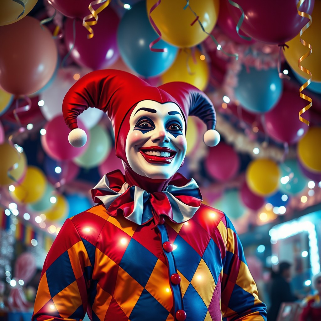 A beheaded harlequin with a cheerful expression, wearing a colorful diamond-patterned costume with vibrant colors like red, blue, and yellow