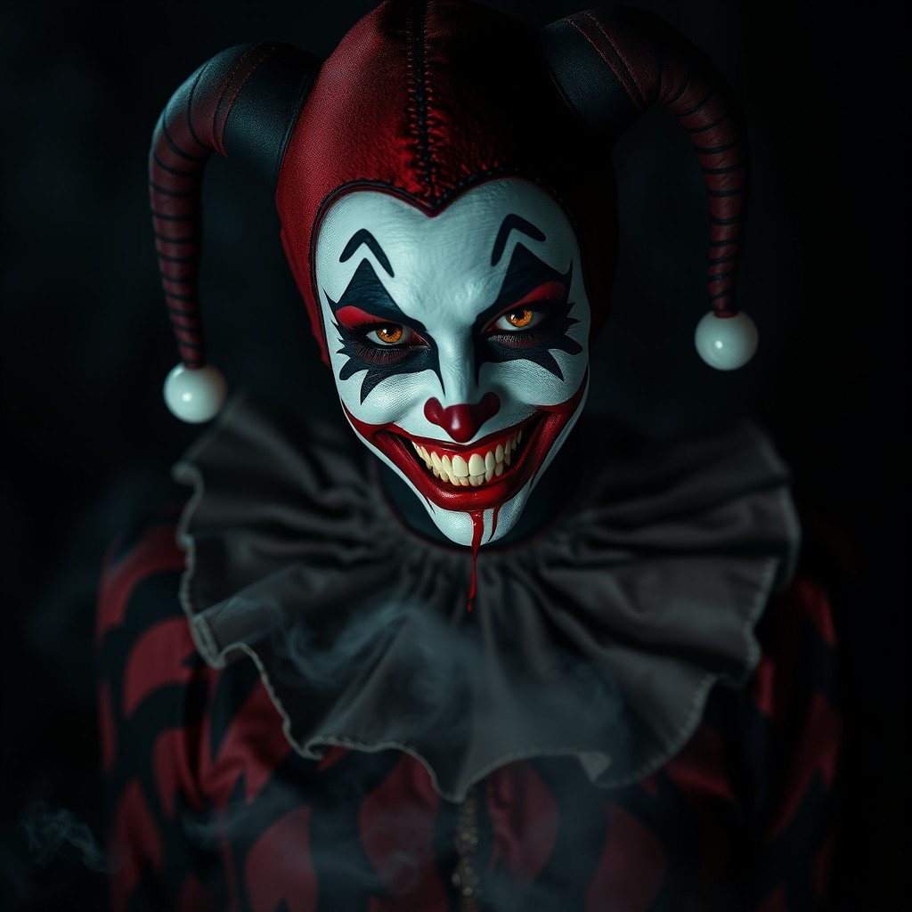 An eerie and beautiful female harlequin with an unsettling smile, featuring intricate harlequin patterns in her costume, vividly colored in red and black