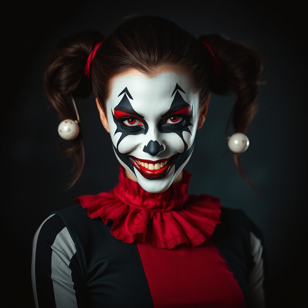 A beautiful female harlequin with an eerie smile, her makeup is striking with bold patterns in black and white