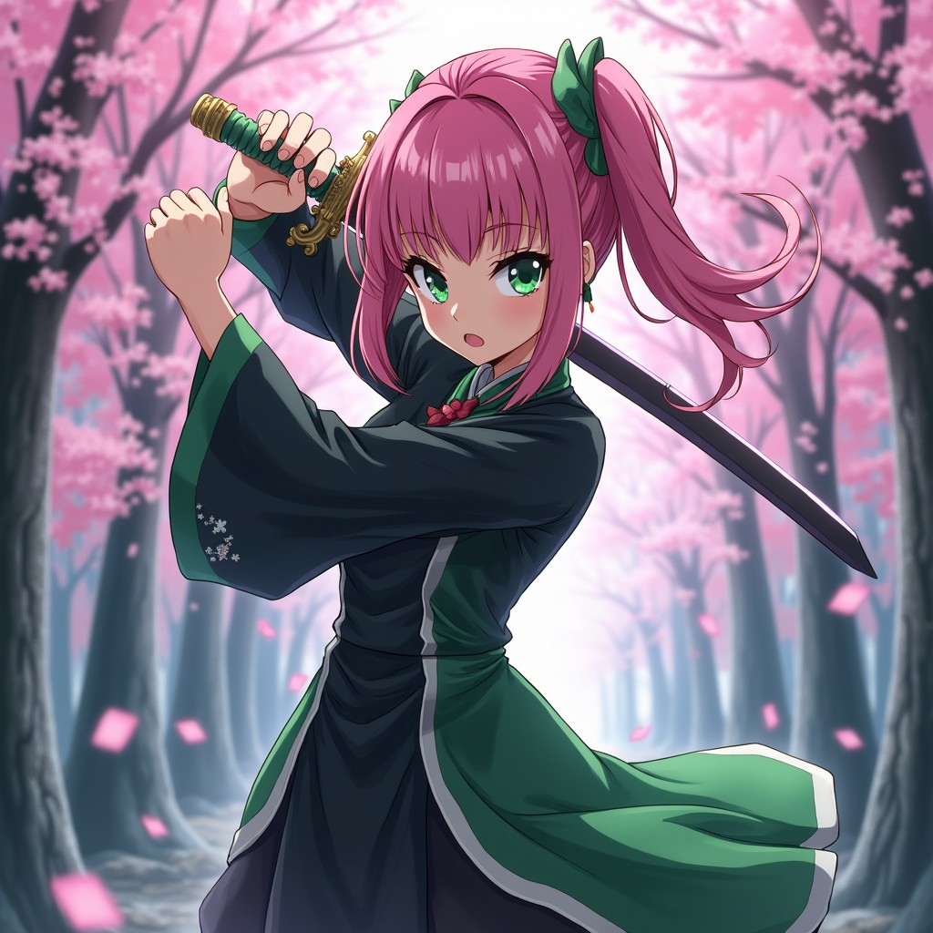 A stunning and vibrant portrait of Mitsuri Kanroji, a character from the anime Demon Slayer, known for her long, beautiful pink and green hair styled in a unique way