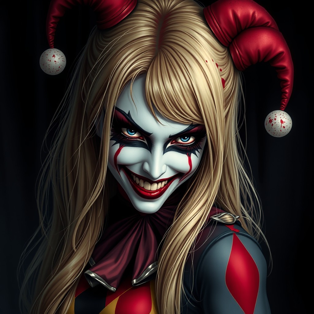 A beautiful female harlequin with long blonde hair, displaying an eerie smile and evil eyes