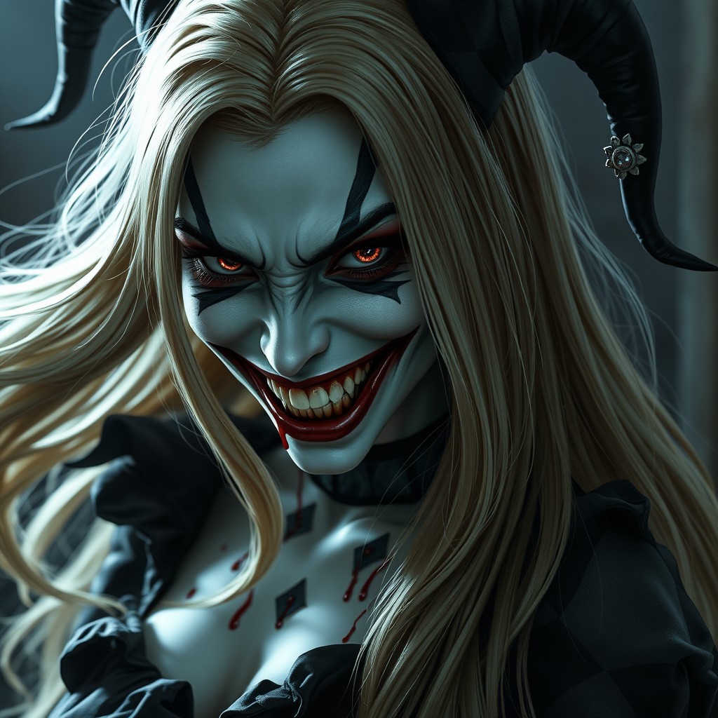 An eerie and beautiful female harlequin with long, flowing blond hair, exhibiting a sinister smile revealing sharp teeth and displaying evil, piercing eyes