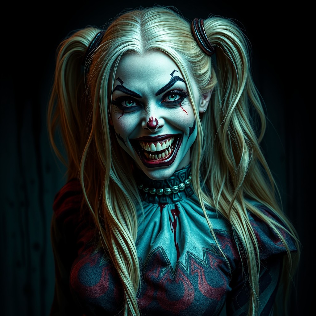 A beautiful female harlequin with long blond hair, featuring an eerie smile showcasing sharp teeth and evil eyes