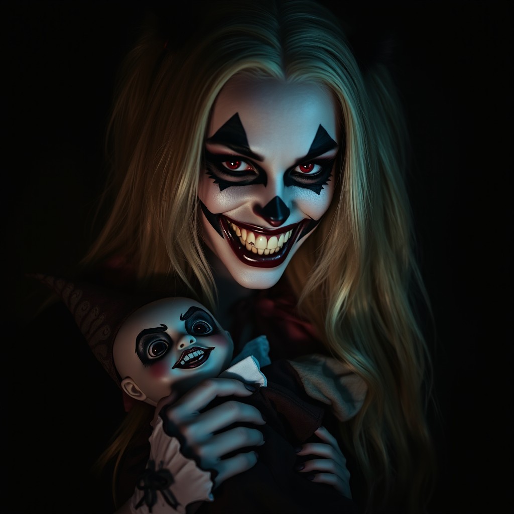 An eerie and beautiful female harlequin with long blond hair, smiling with sharp teeth and evil eyes